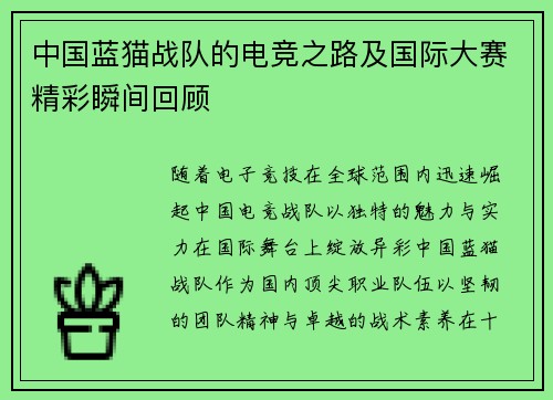 中国蓝猫战队的电竞之路及国际大赛精彩瞬间回顾