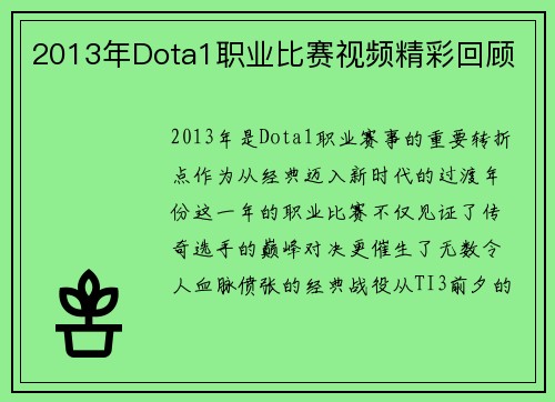 2013年Dota1职业比赛视频精彩回顾
