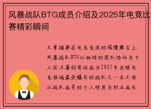 风暴战队BTG成员介绍及2025年电竞比赛精彩瞬间